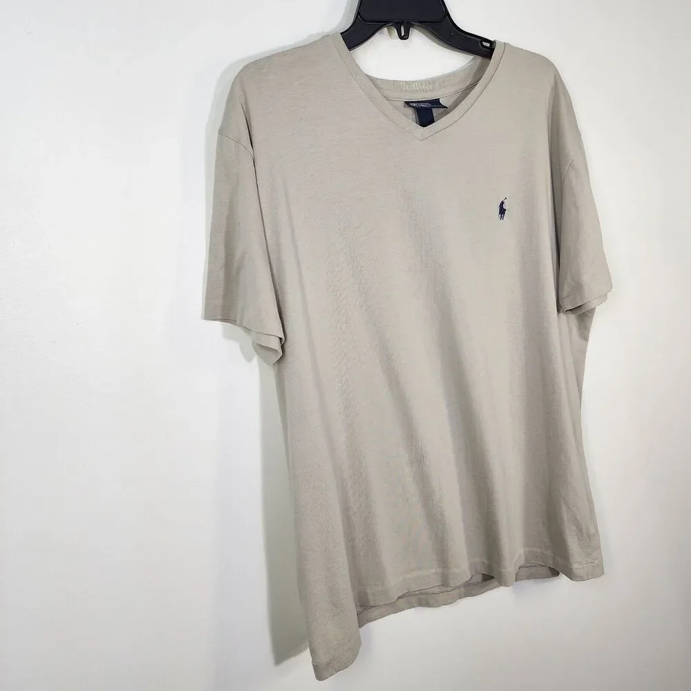 Polo Ralph Lauren Mens T Shirt Large Gray Short Sleeve Blue Pony Cotton V Neck